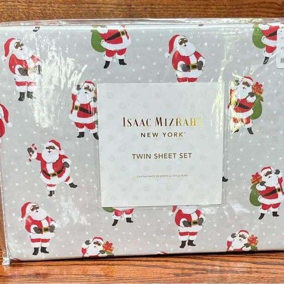 ISAAC MIZRAHI TWIN SHEET SET AFRICAN AMERICAN SANTA PRINT - Picture 1 of 3